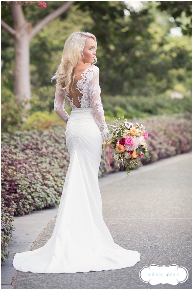An elegant lace wedding dress taken at the Dallas Arboretum, photograph by Dallas Wedding Photographer Eden Grey