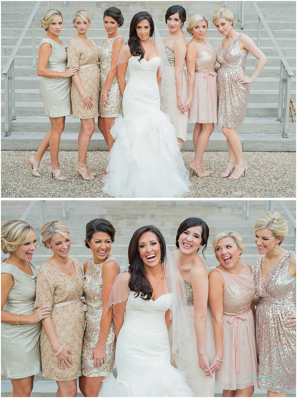 Gorgeous bride and wedding party, Rose Gold Dresses, Gold Bridesmaid Dress