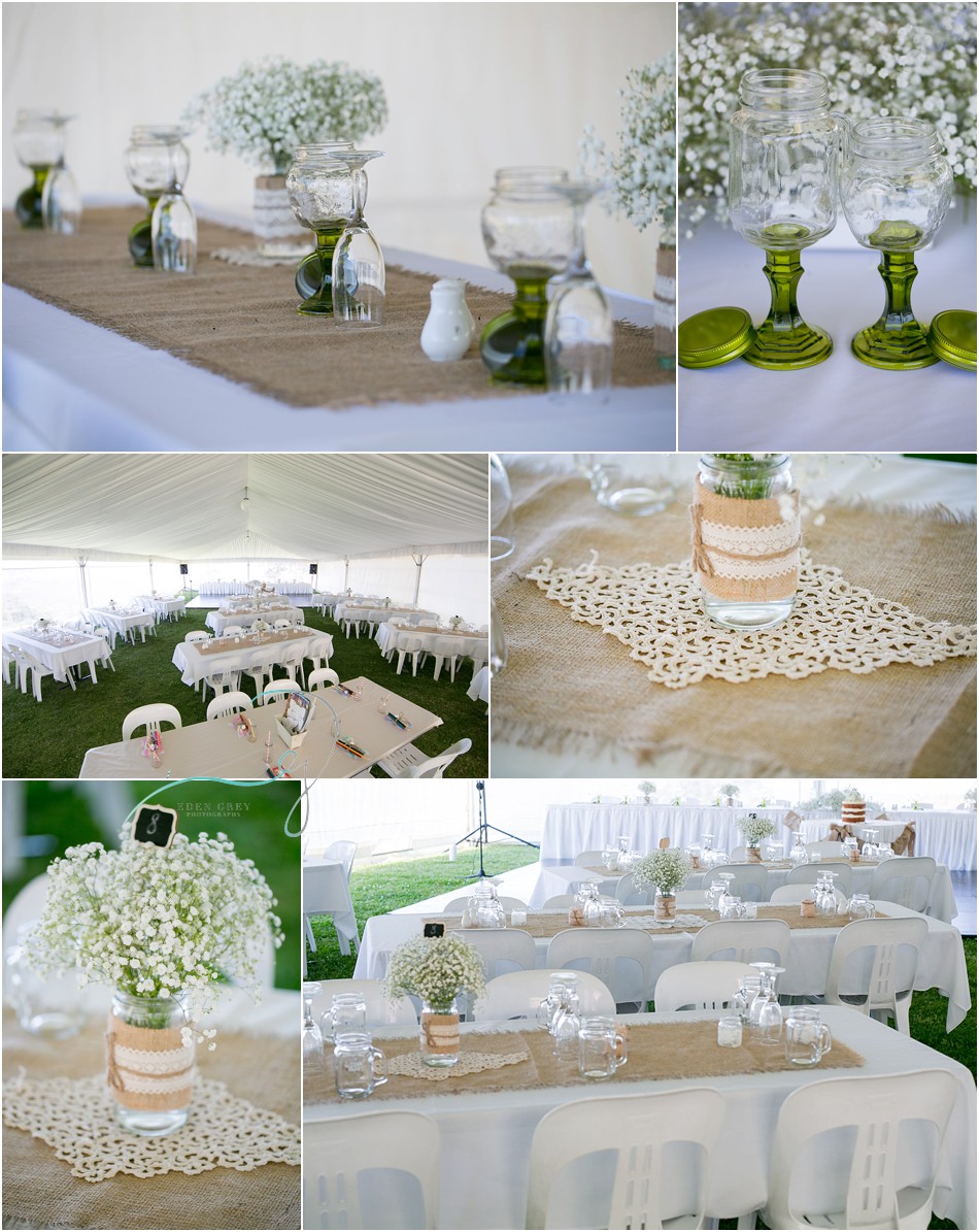 Baby's breath centerpieces with handmade doilies