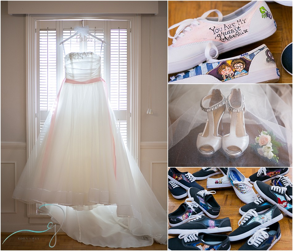 Disney themed bridesmaid shoes along with a pretty pink wedding dress