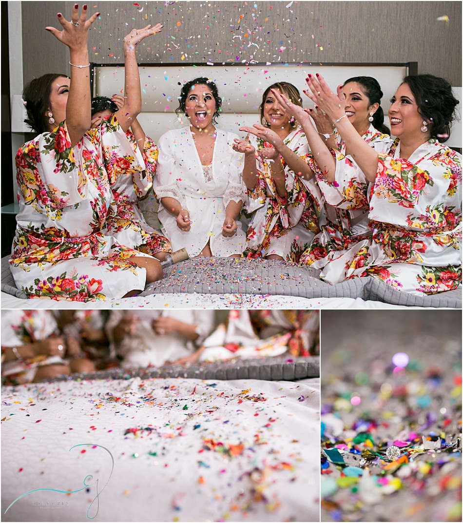 Bridesmaids popping confetti & champagne before the wedding