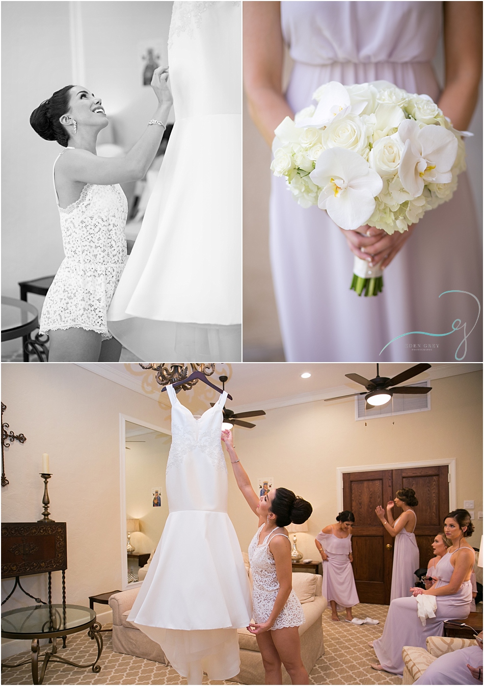 Bridal rompers and orchid bouquets