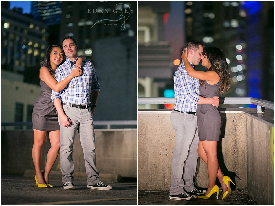 Night engagement session on a rooftop in Houston Texas